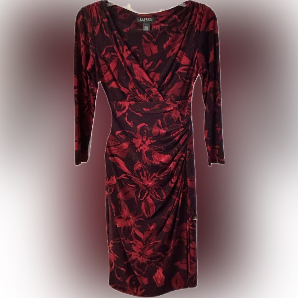 Lauren Ralph Lauren Burgundy and Red Floral Midi Wrap Dress